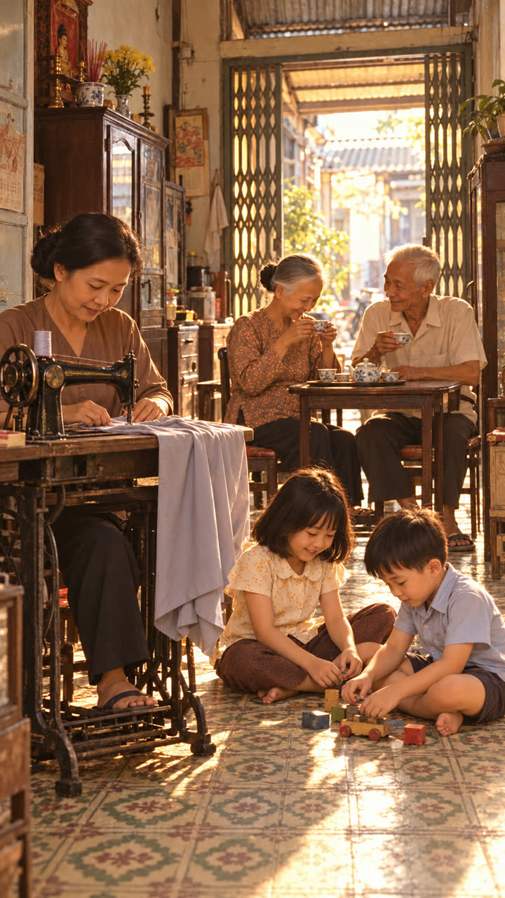 Bà Nội may áo, ông bà Cố uống trà, hai chị em chơi trên nền gạch bông