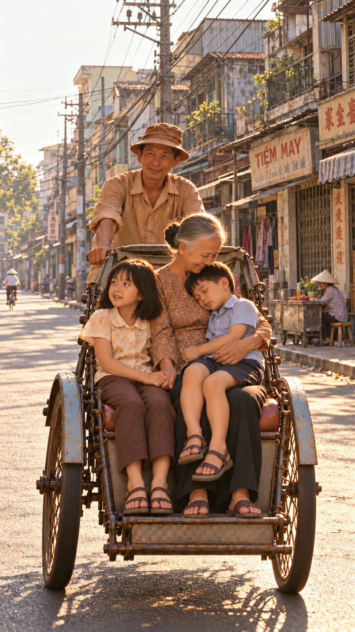 Ba bà cháu ngồi trên xích lô