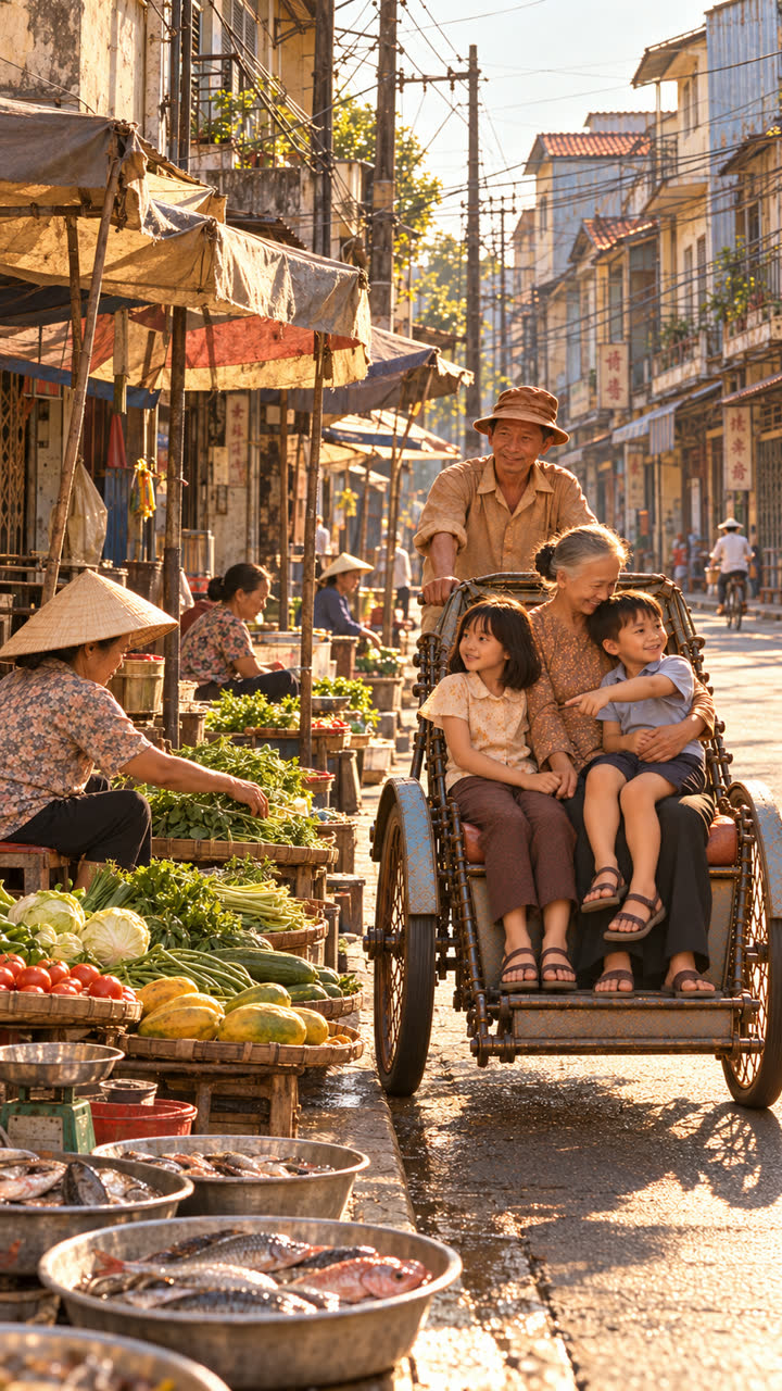 Chợ An Đông với dù, bạt, mẹt rau và thau cá
