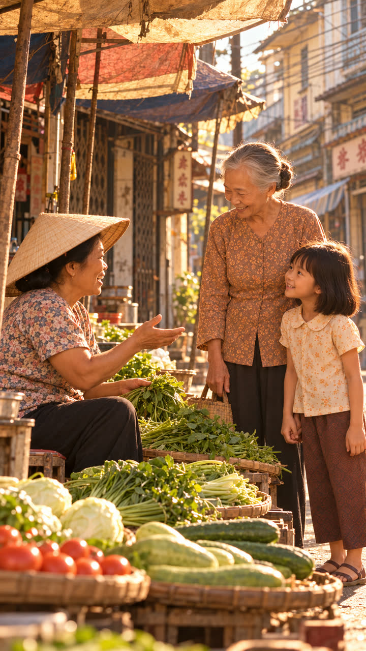 Cô bán hàng trò chuyện, cô bé đứng cạnh Bà Cố