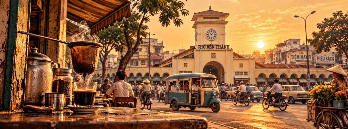 Tranh chợ Bến Thành lúc hoàng hôn, xe lam và ly cà phê vợt bên đường